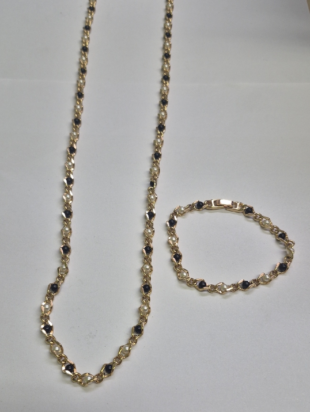 38" In. Gold Chain Necklace and Bracelet Set with Black And White Accent Beads